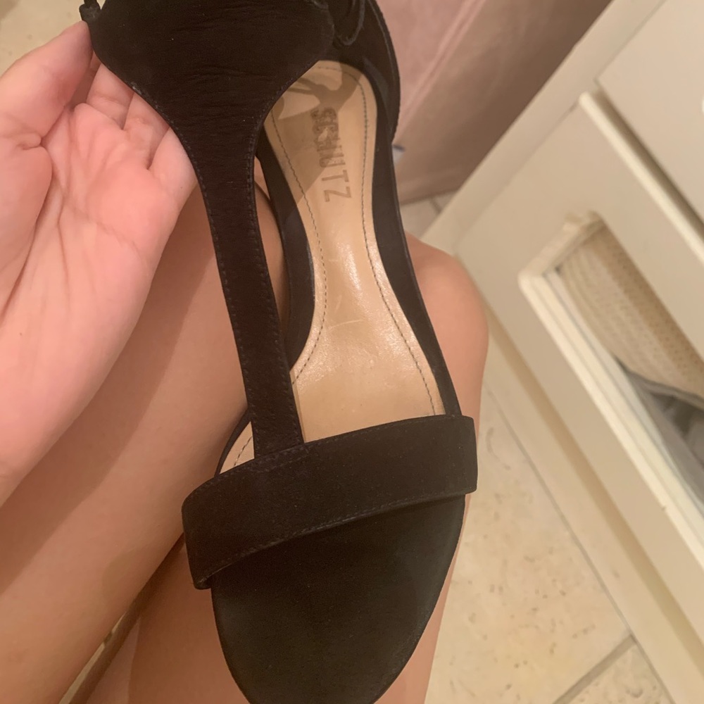 Schutz Black Suede Mini Heel Sandals